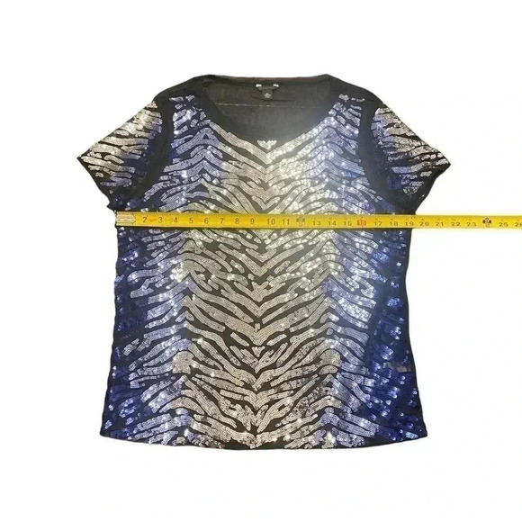 Cache Zebra Animal Print Top Black/Metallic/Silver/Blue Short Sleeve Sheer Sz M - Picture 4 of 7